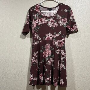 J for Justify Floral Fit & Flare Dress in Burgundy with Pink Roses